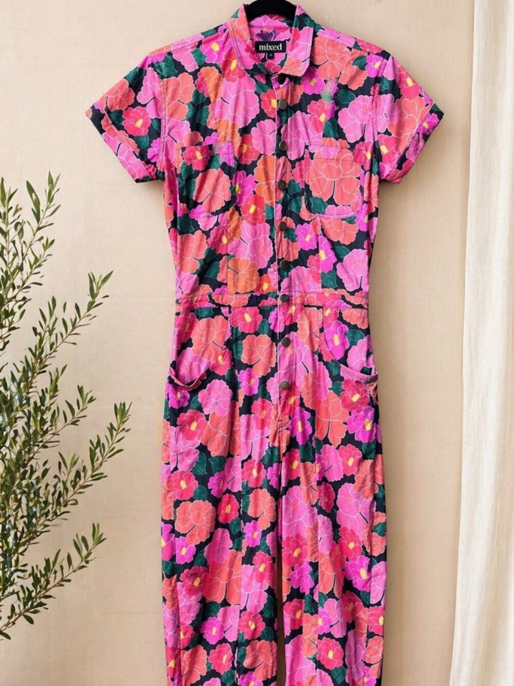 Mixed by Nasrin Ruby Jumpsuit TS Tall Small EUC Cotton Stretch Red Floral - Picture 2 of 9